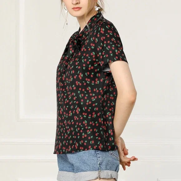 Allegra K Cherry Print Bow Tie Short Sleeve Black Chiffon Blouse | M - Picture 3 of 7